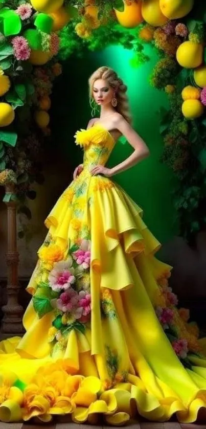 Elegant woman in a vibrant floral yellow dress with lush greenery backdrop.