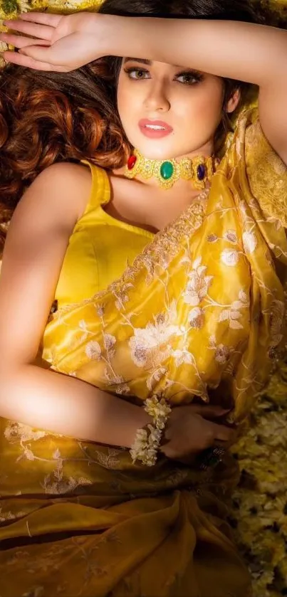 Elegant woman in a golden saree with floral background.