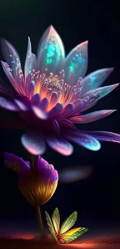 Glowing flower with butterfly wallpaper for mobile screen.