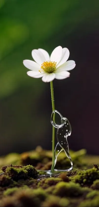Delicate white flower with glass sculpture on moss.