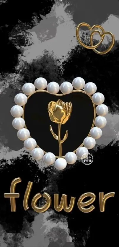 Elegant mobile wallpaper with golden flower, pearl heart, and black background.