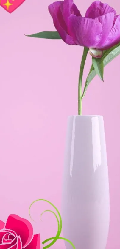 Pink flower in vase with heart on pink background mobile wallpaper.