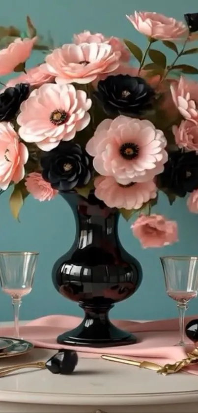 Elegant vase with blooming pink and black flowers on a teal background.
