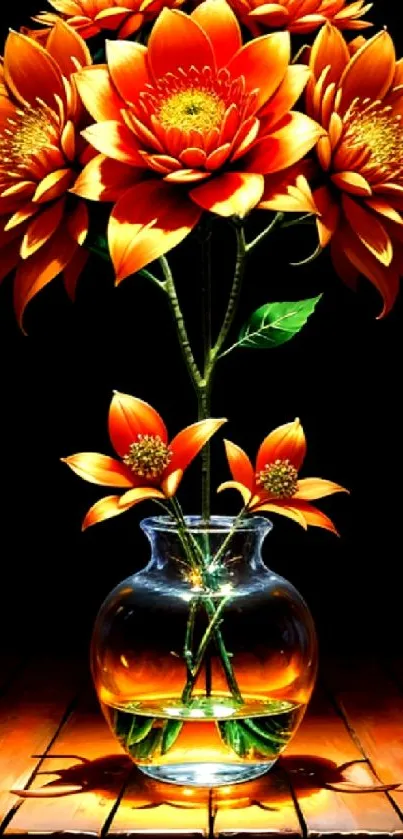 Vibrant orange flowers in a glass vase on a wooden surface.