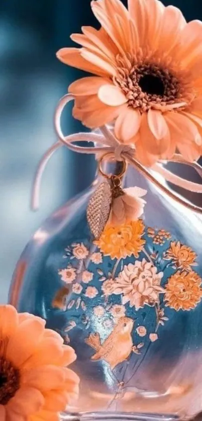 Elegant glass vase with peach flowers on mobile wallpaper.