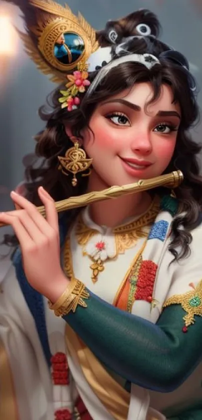 Elegant woman playing flute in fantasy attire, colorful artwork.