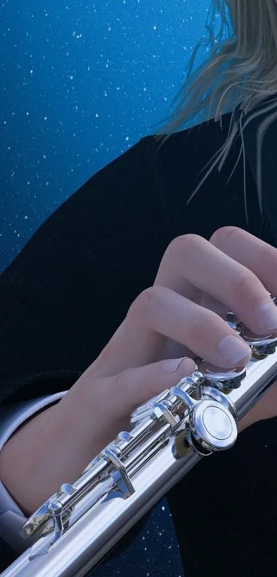 Close-up of a flute player against a starry blue background.