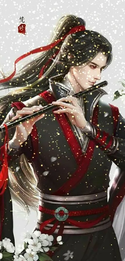 Anime character with flute in elegant black attire and floral background.