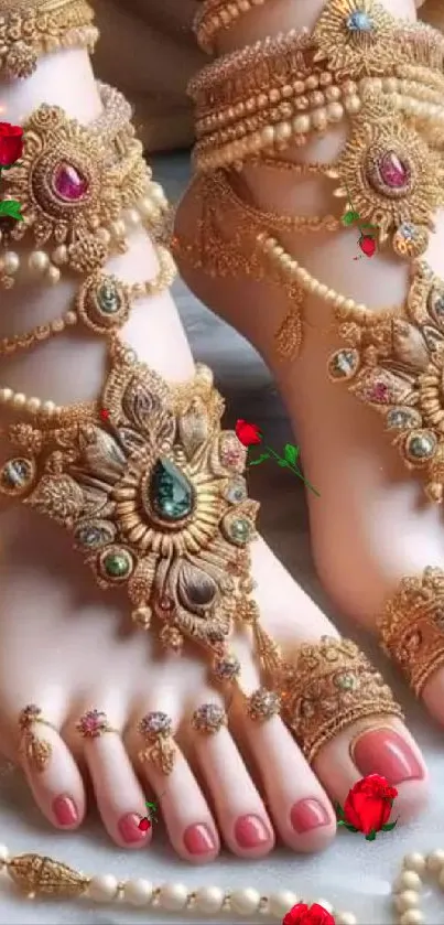 Elegant foot jewelry design with gold anklets and roses.