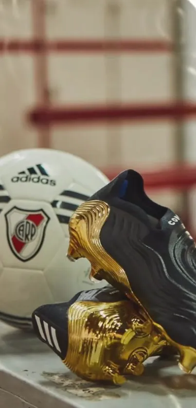 Black and gold football boots with Adidas soccer ball.