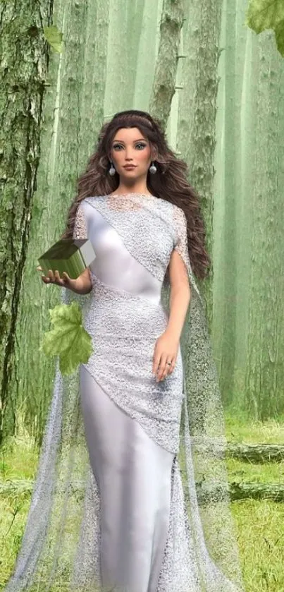 Forest fairy in elegant gown amidst tall trees and leaves.