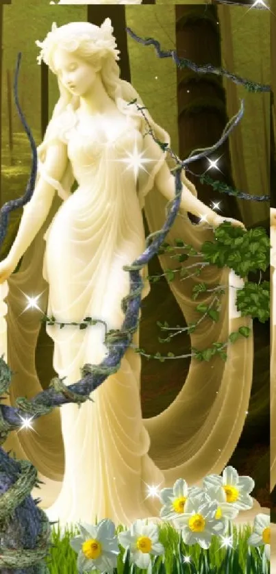 Marble goddess statue with forest background, perfect for serene wallpaper.