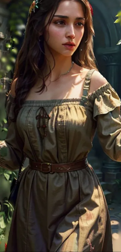 Elegant woman in olive dress amid lush, mystical forest setting.
