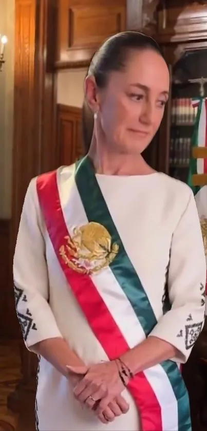 Formal portrait of a person in elegant attire in a luxurious setting.
