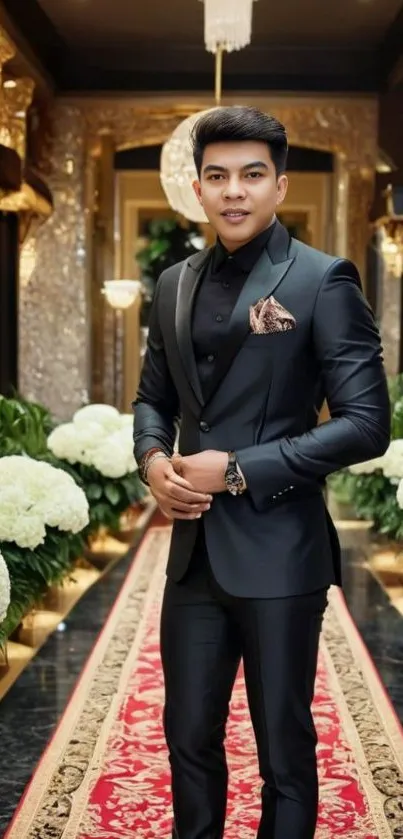 Sophisticated individual in elegant attire in a luxurious, opulent setting.