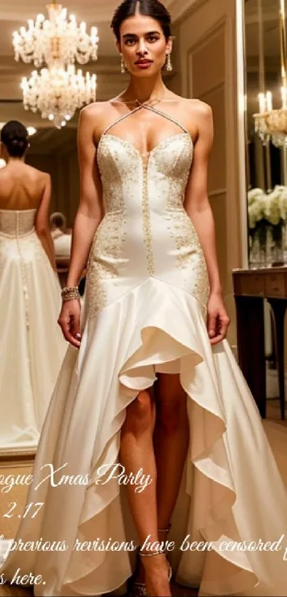 Woman in elegant cream gown standing in formal setting.