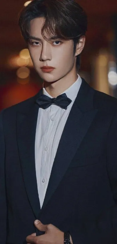 Elegant young man in dark formal suit with bow tie.