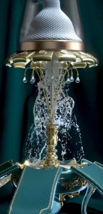 Elegant fountain with gold and teal design in artistic mobile wallpaper.