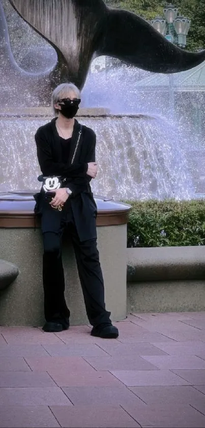 Mysterious figure by a fountain in elegant black attire.