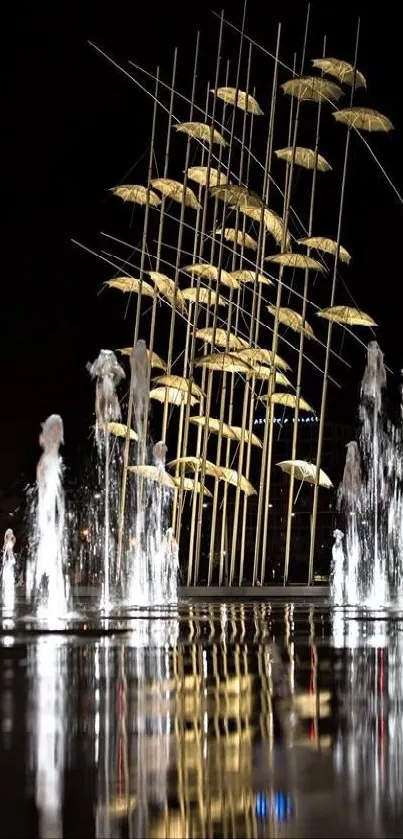 Fountain sculpture at night with reflections in water.