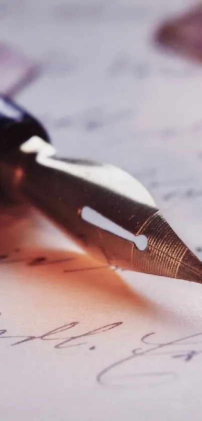 Close-up of an elegant fountain pen nib on paper.