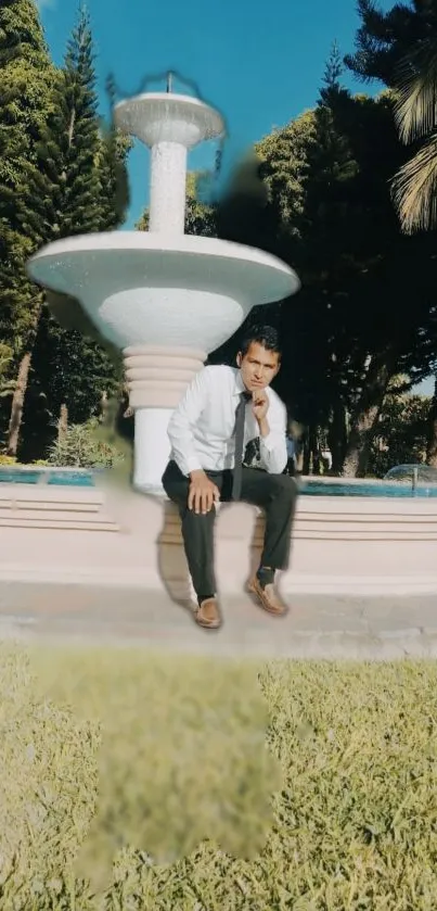 Man in formal wear sitting by a fountain amid greenery.