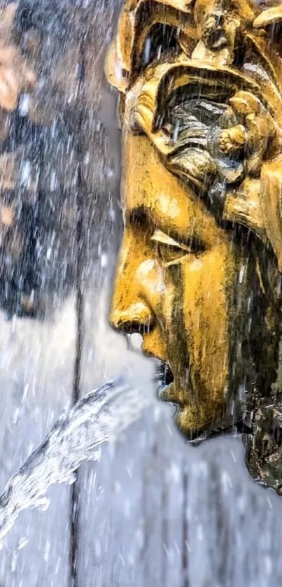 Golden fountain sculpture with flowing water.