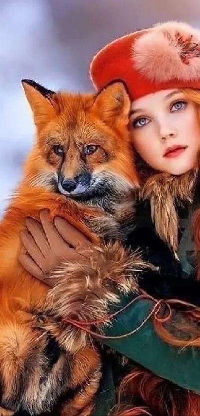 Girl with red hair and fox in winter setting.