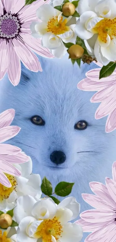 Arctic fox with pink and white floral design mobile wallpaper.