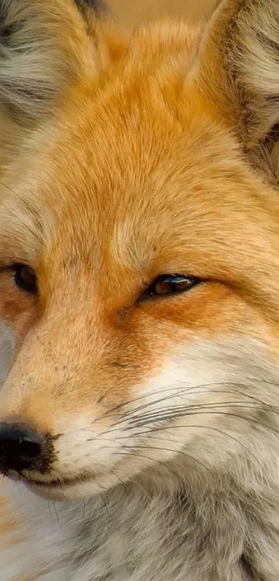 Close-up portrait of a fox with orange fur and expressive eyes.