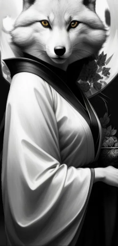 Grayscale artwork of an elegant fox warrior in traditional attire.