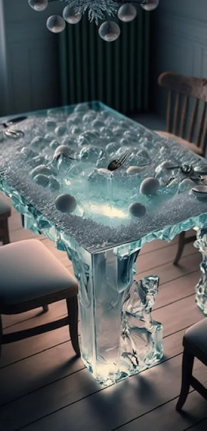 Elegant dining table made of frosted glass.