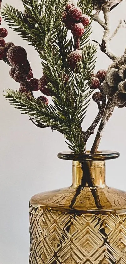 Elegant amber glass vase with frosted pine and berries.