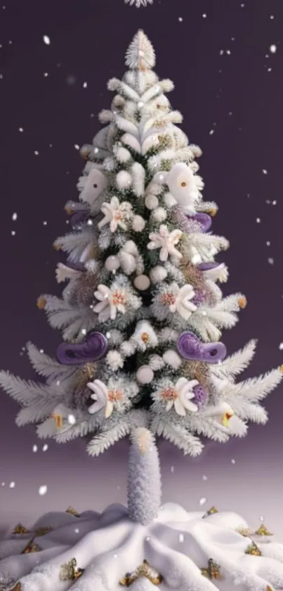 Frosty Christmas tree with purple backdrop and delicate decorations.