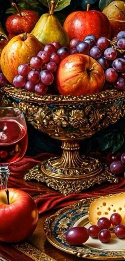 Elegant fruit bowl with wine glass and cheese.