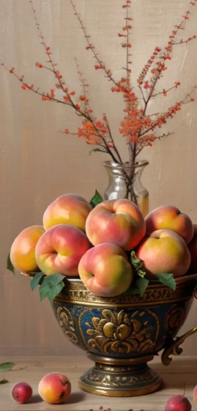 Elegant fruit bowl with peaches and branches in a decorative vase.