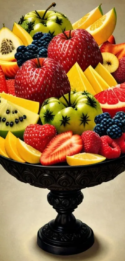 A vibrant display of assorted fruits in a decorative black bowl.