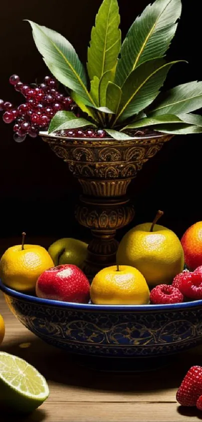 Elegant fruit bowl with apples, pears, and lush greenery.