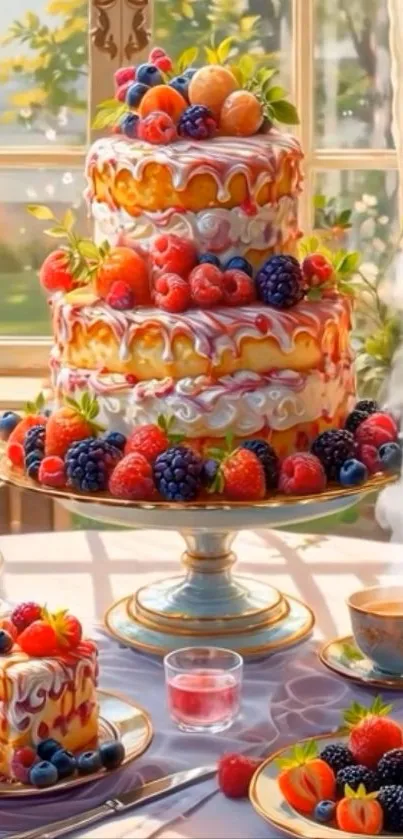 Elegant three-tier fruit cake with berries on a table.