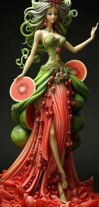 Elegant fruit goddess with vibrant watermelon dress.