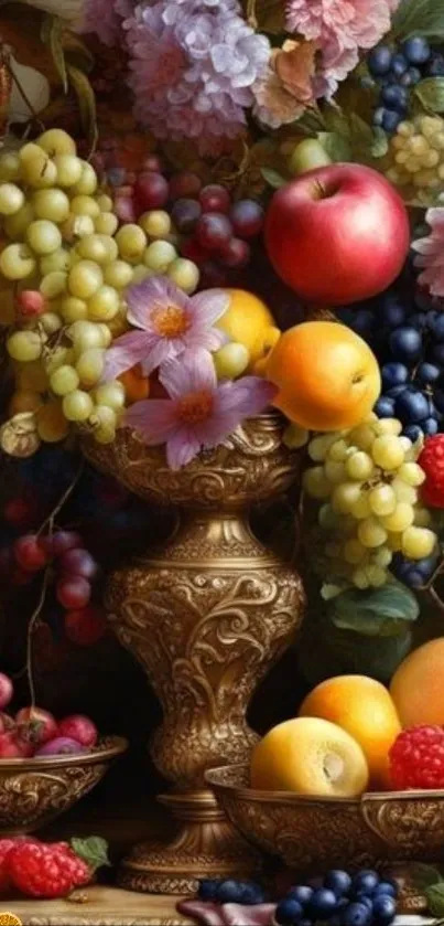 Still life art with fruit in ornate bowls.