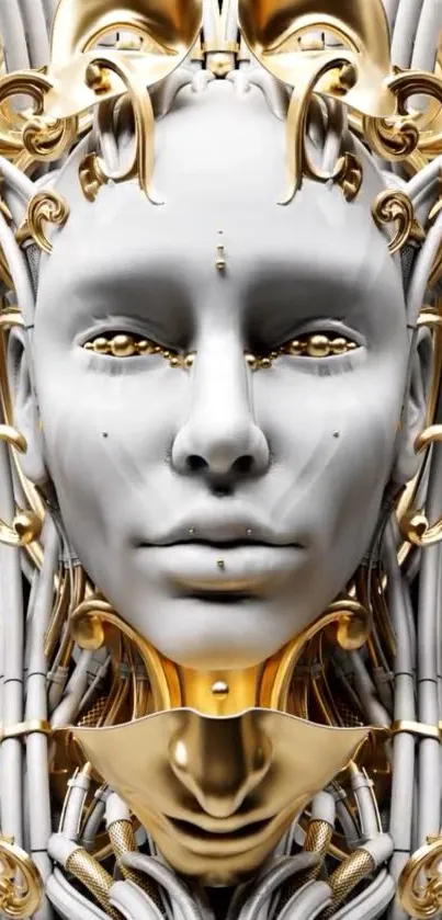 Futuristic sculpture with gold and white face design in wallpaper.