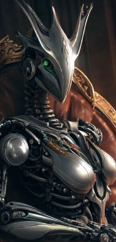 Futuristic robot with an elegant design on a bronze chair.