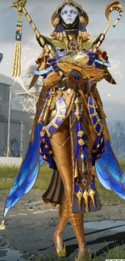 Futuristic warrior in gold and blue armor in a scenic landscape.