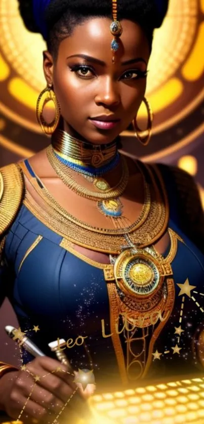 Elegant woman with golden jewelry and futuristic design.