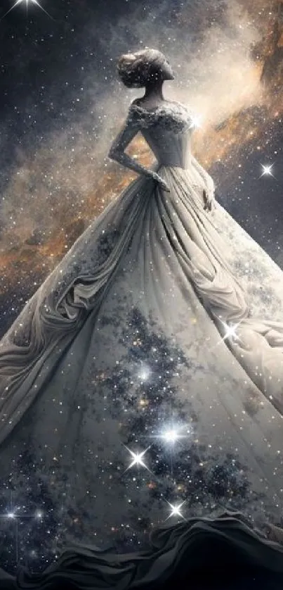 Elegant gown with galaxy-inspired design and starry background.