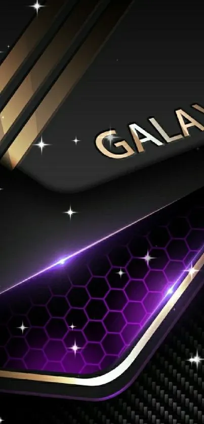 Elegant galaxy phone wallpaper with purple, gold accents.