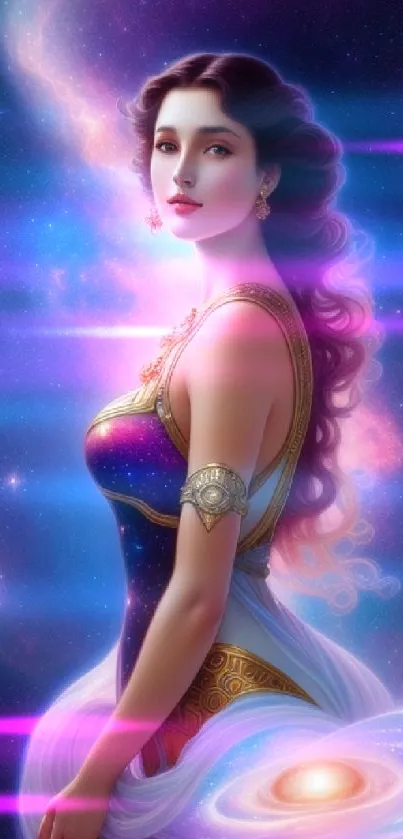 Fantasy woman in galaxy-themed attire with nebula background.