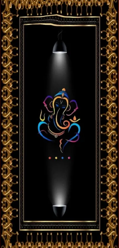 Colorful abstract Ganesh art with gold patterns on a black background.