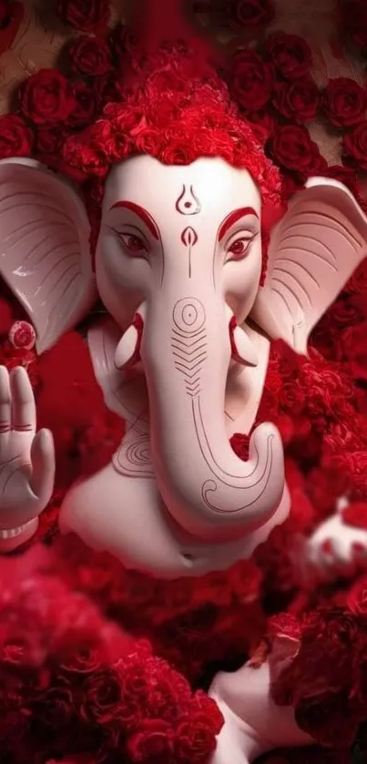 Lord Ganesha surrounded by red roses, perfect for mobile wallpaper.